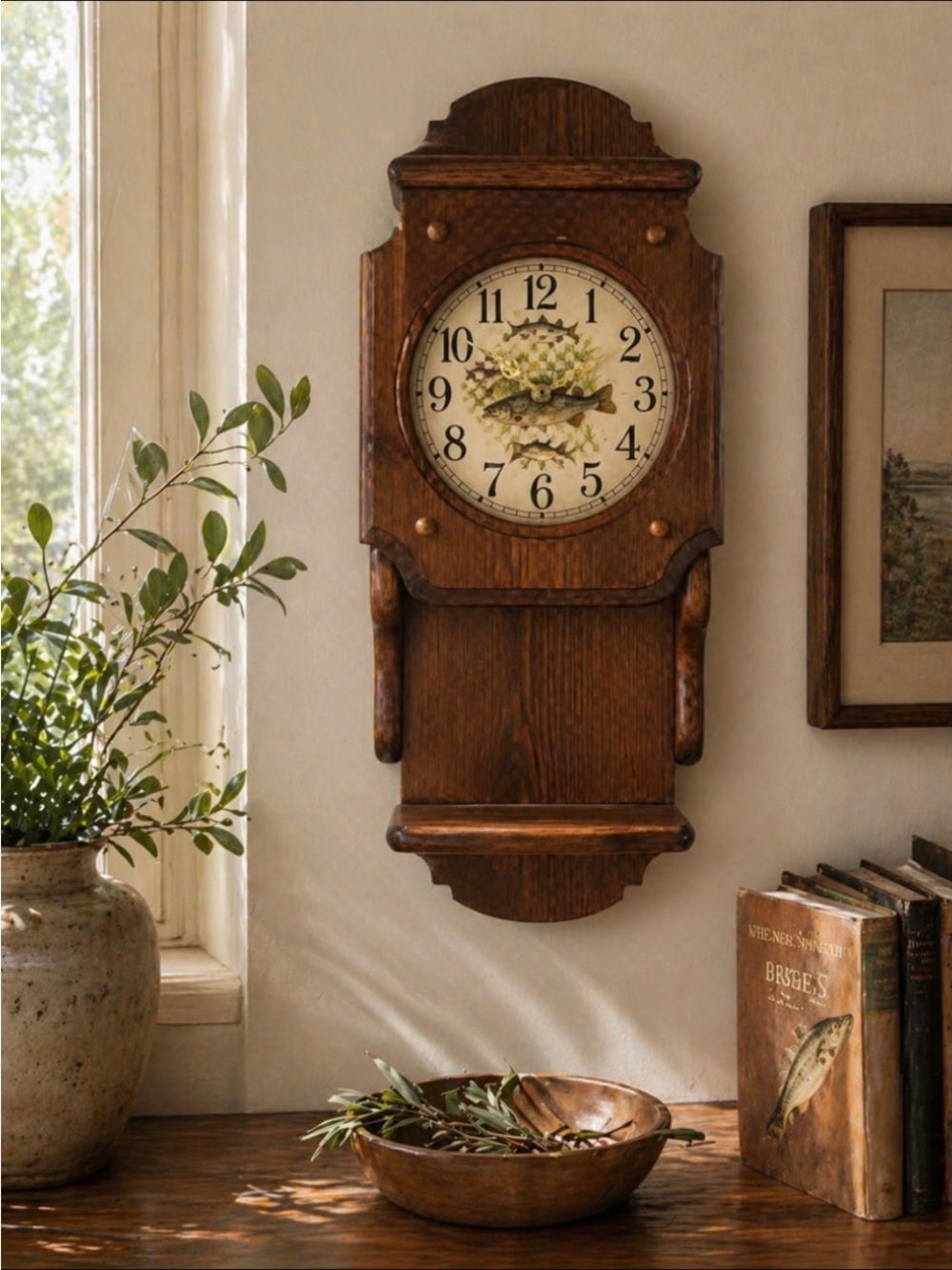 Vintage Wooden Wall Clock Rustic country Farmhouse cottage core primitive fish